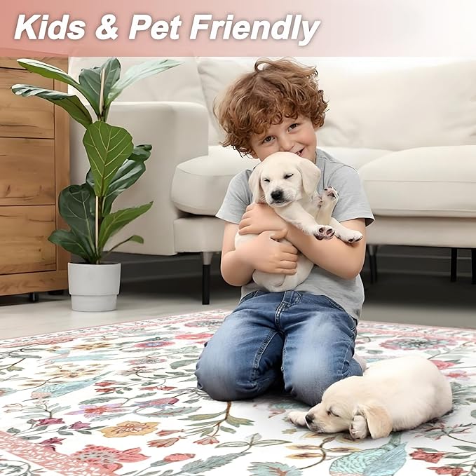 Washable Floral Area Rug, 3x5 Pink Indoor Entryway Rug Soft Non-Slip Botanical Kitchen Rugs, Ultra Thin Modern Flower Birds Throw Carpet for Living Room Bedroom Nursery Foyer