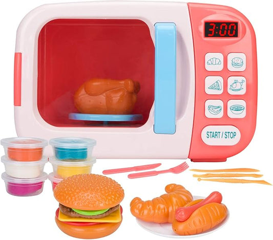 Microwave Kitchen Play Set with Light Sound for Kids with Pretend Fake Food and 6 Color DIY Play-Dough Clay Great for Toddlers 3 and Older Grils and Boys (Pink)