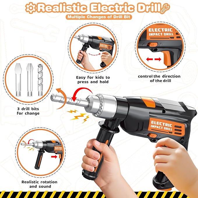 Kids Tool Set with Electronic Toy Drill, 41 Realistic Toy Tools with Tool Box for Toddler, Pretend Home Tool Kit & Drill Sets, Kids Construction Toys, Birthday Gifts for 3 4 5 Years Old Boys Girls