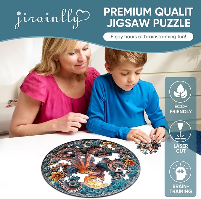 Wooden Puzzles for Adults, 3D Octopus Wooden Jigsaw Puzzles 200 Pieces, Medium, 11.2 in Unique Shape Ocean Wooden Puzzle, Irregular Puzzle Creative for Adults and Kids Family Games