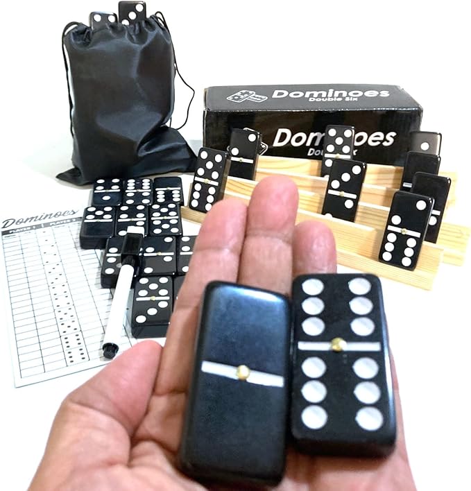 Double Six Dominoes Large Size Full Set Comes with Score pad & Pen 4 pcs Wooden Domino Racks and Black Dominos Bag Adults Kids Seniors Black Color (01)