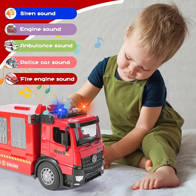 Toy Fire Truck Rescue Firetruck - Transformer Ejector Truck Car Race Track Home Outdoor Shool Toddler Kids Ages 2 3 4 5 6 7 8 Year Old Boys Girls Children Christmas Birthday Gift Ladder Real Water Jet