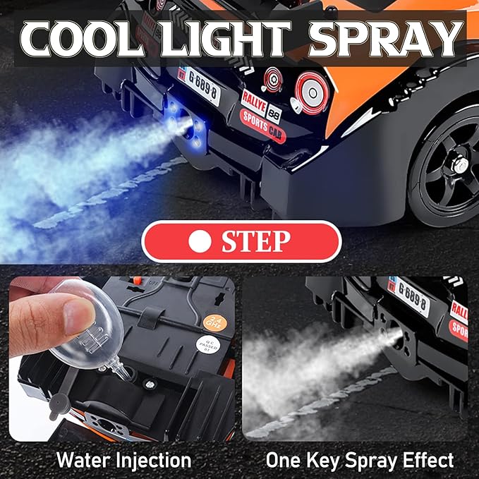 YUZ Remote Control Car RC Drift Car 1:16 Scale 4WD 18KM/H High Speed 2.4GHz 4 Model Vehicle with LED Lights Spray Racing Sport Toy Car for Adults Boys Girls Kids Gift Rechargeable Batteries, Gray