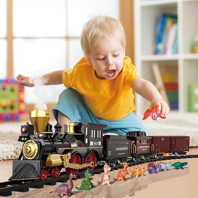 Remote Control Train Set for Kids Electric Steam Engine Locomotive, Cargo Car & Tracks,Trains w/Realistic Smoke,Sounds & Lights,Rechargeable Birthday Gifts for 3 4 5 6 7+ Years Old Boys Girls … …