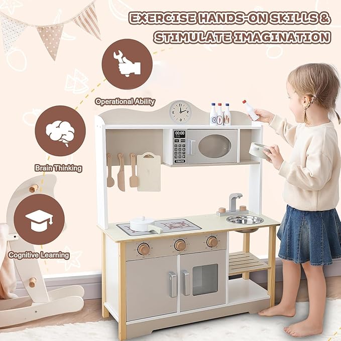 Kids Play Kitchen, Wooden Toy Kitchen Playset for Kids with 12 Pcs Toy Food & Cookware Accessories, Childrens Pretend Kitchen Playset for 3+ Years Old