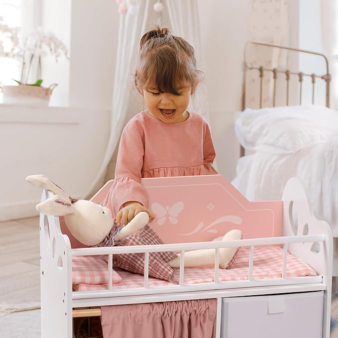 ROBOTIME Baby Doll Crib, Wooden Doll Bed, Toy Baby Crib with Storage, Bedding, and Wooden Hooks, Doll Crib Fits Dolls up to 21", Doll Furniture for American Girls Ages 3+ (Pink)