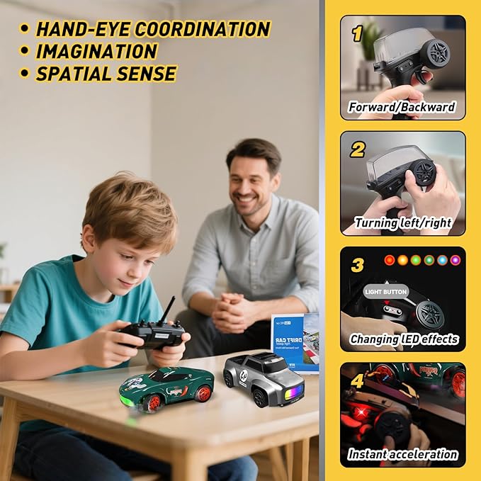 RC Drift Car 1/64 Scale Mini RC, 2.4Ghz Micro Turbo Racing 4WD Desktop Remote Control Rally Car with LED Lights for Adults Kid Toys Gift (Matte Gray Concept Model)