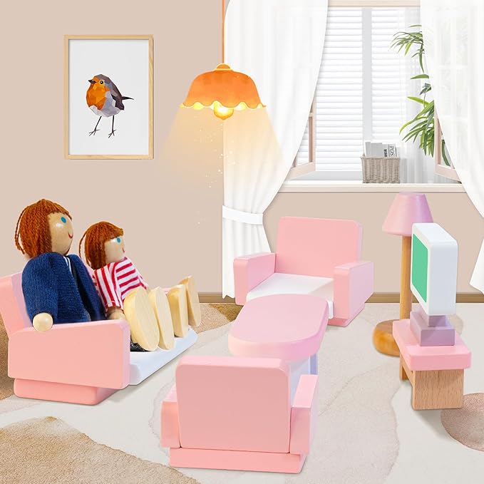 Kizfarm Wooden Dollhouse Furniture Set with 4 Family Dolls, 26 Pcs Pretend Play Dollhouse Accessories for 4 Rooms, Pink Furniture Toys Birthday Gifts for Girls Boys Age 3+