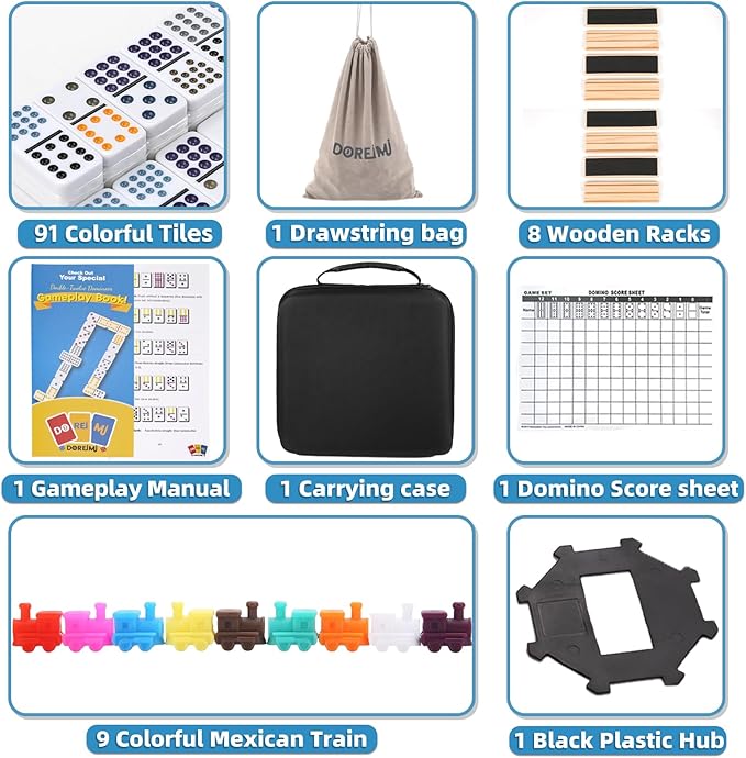 Double 12 Mexican Train Dominoes Set with 8 Wooden Racks & 91 Dot Tiles Portable Travel Board Game for Kids and Adults Family Game Night