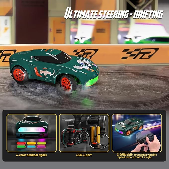RC Drift Car 1/64 Scale Mini RC, 2.4Ghz Micro Turbo Racing 4WD Desktop Remote Control Rally Car with LED Lights for Adults Kid Toys Gift (Matte Green Concept Model)