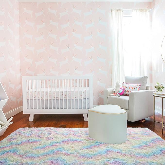 AROGAN Soft Rainbow Area Rugs for Girls Room 5x8 Feet, Fluffy Girls Bedroom Rugs, Princess Rug, Cute Colorful Carpet for Kids Teens Nursery Toddler, Pink