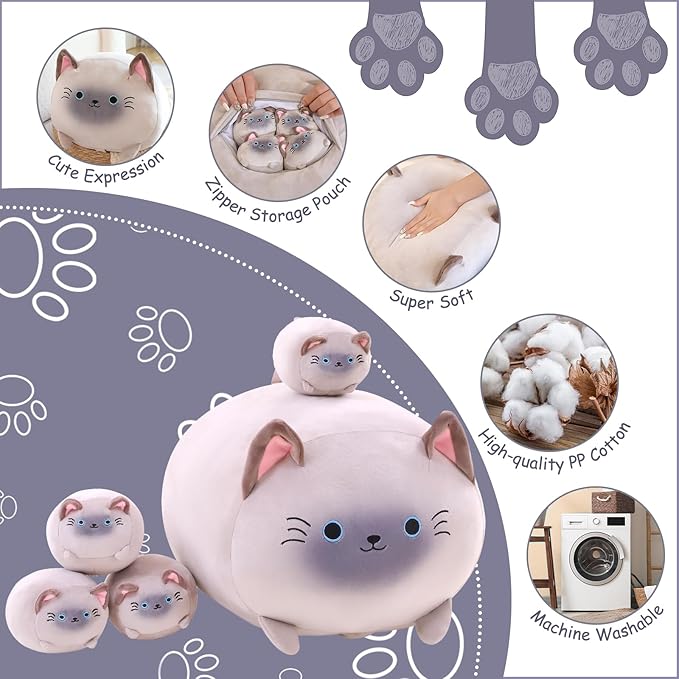 Siamese Cat Plush with 4 Baby Siamese Cat Stuffed Animals in Her Tummy, Cuddly Cartoon Body Pillow Gifts for Girls Boys