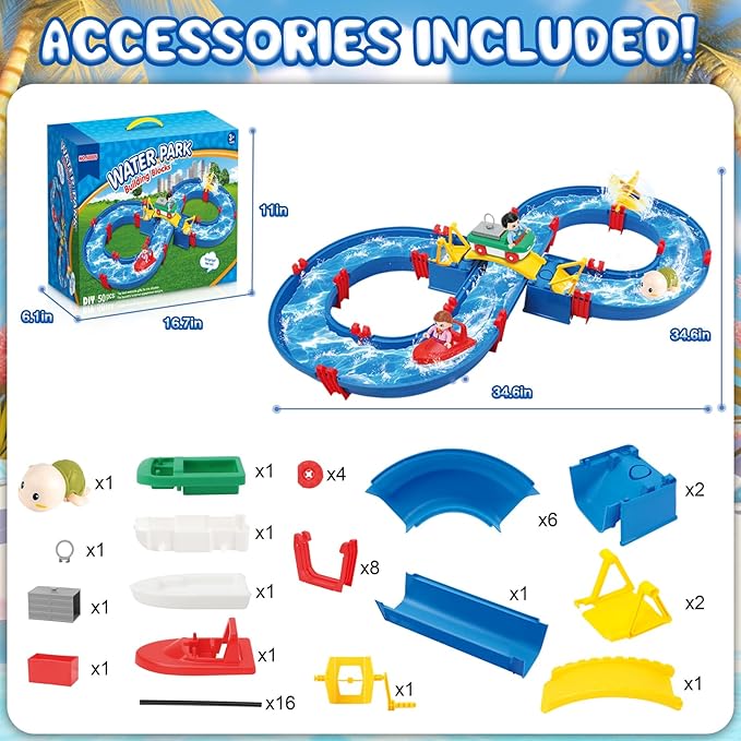 Upgraded Water Table for Toddlers 1-3 & Kids 4-8, Outdoor Water Play Activity Toys with Swimming Turtle, 2 Boats, Summer Beach Backyard Water Playset for Boys Girls