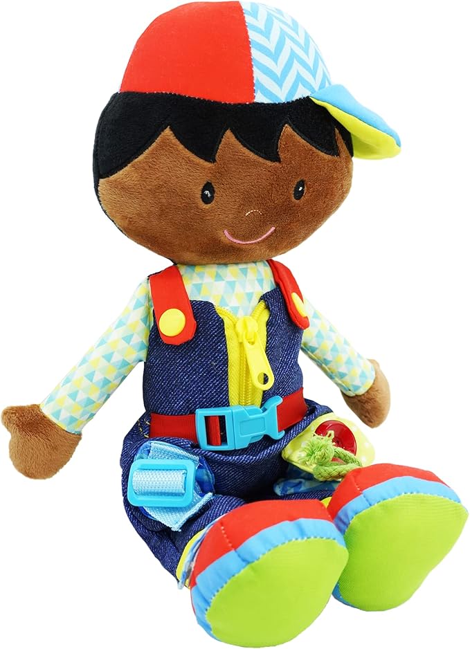 June Garden 15.5" Dressy Friends Isaiah - Educational Stuffed Plush Doll for Kids and Toddlers 2 Years and Up - Montessori Buckle Soft Toy