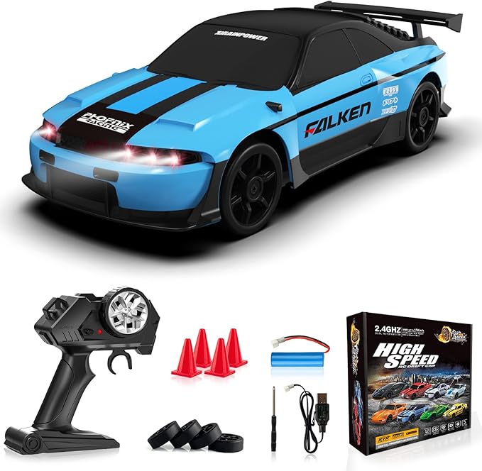 Remote Control Car, 1/24 Scale RC Drift Car, 4WD 15KM/H High Speed RC Cars, Racing Sport Toy Car with LED Lights, Racing Tire, Birthday for Kids Boys Girls, Rechargeable Battery