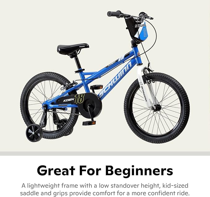 Schwinn Koen BMX Style Toddler and Kids Bike, For Girls and Boys, 18-Inch Wheels, With Training Wheels, Chain Guard, and Number Plate, Recommended Height 42-52 Inch, Blue