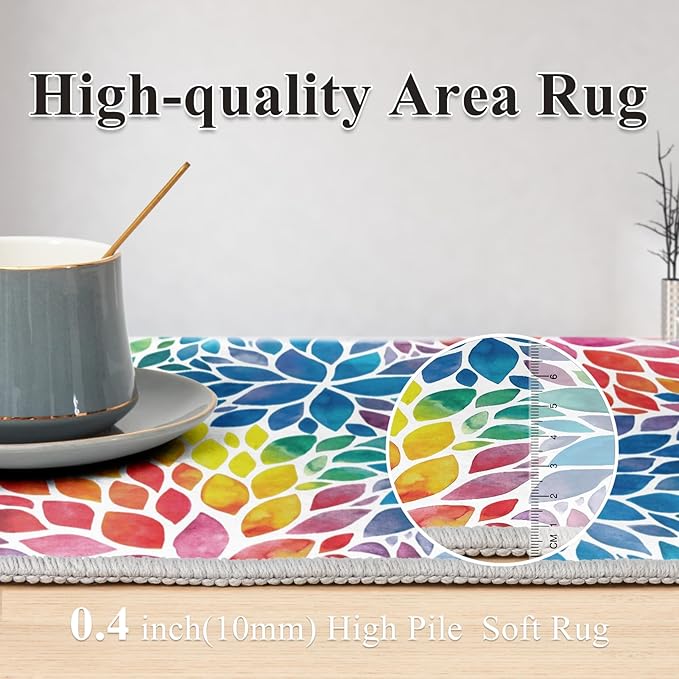Abstract Colorful 5x7 Area Rug Modern Rainbow Dahlia Floral Rugs Multicolor Kids Area Rugs, Non-Slip Machine Washable Floor Carpet for Bedroom Living Room Playroom Classroom Dorm Office 5' x 7'