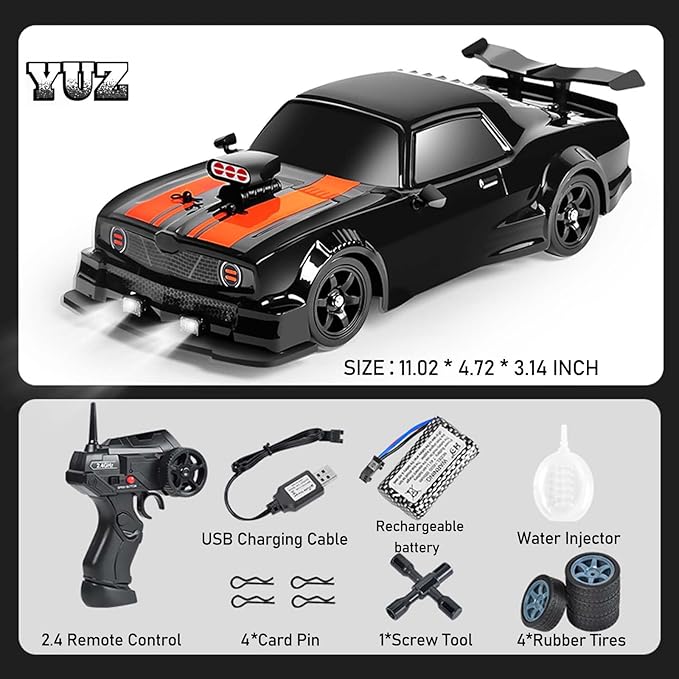 YUZ Remote Control Car RC Drift Car 1/16 Scale 4WD 18KM/H High Speed RC Car 2.4GHz with LED Lights Spray Racing Toy Car for Adults Boys Girls Kids Birthday 2Pcs Rechargeable Batteries, Black