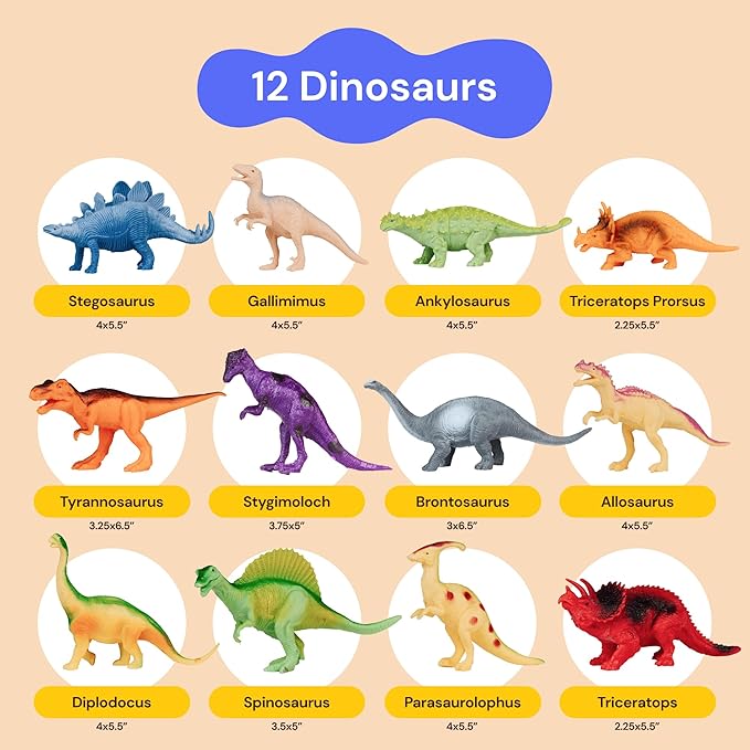 PLAYVIBE Dinosaur Toys for Kids - 12 Realistic Small Dinosaur Figures with Metal Storage Box & Soft Dino for Boys and Girls 3-7 Years - Spinosaurus Toddler Toys