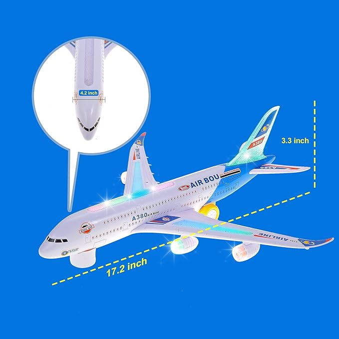 PowerTRC Kids Airplane Toys, Bump & Go Action Toddler Toy Airplane with LED Flashing Light, Music, Airplane Sound, Great Gift for Boys Girls Ages 3-12
