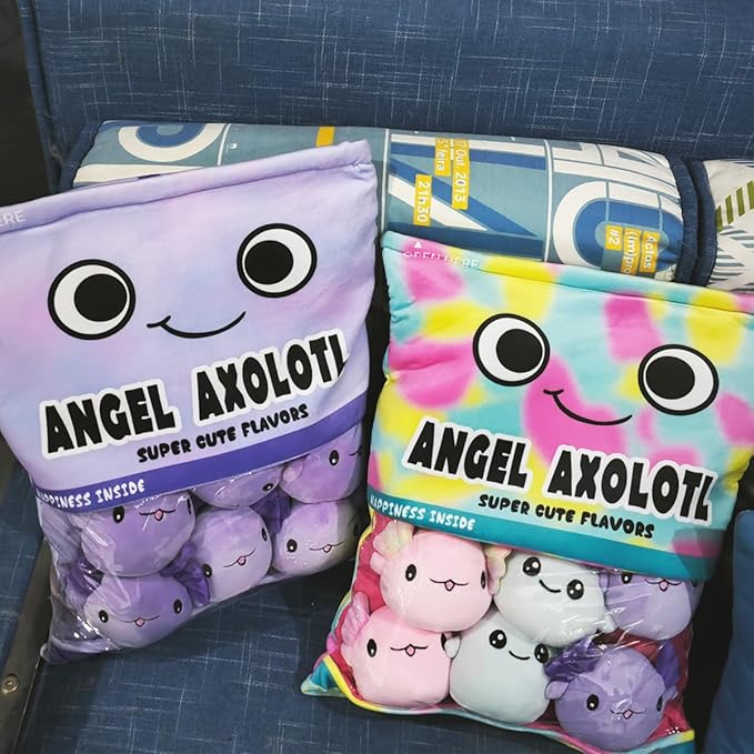 ARELUX Cute Axolotl Plush Pudding Pillow:Snack Pillow Toys Bag Removable Stuffed Animal 6Pcs Sets Creative Plush,Soft Purple Axolotl Plushie Animal Throw Pillow,Dolls Friends Family Member