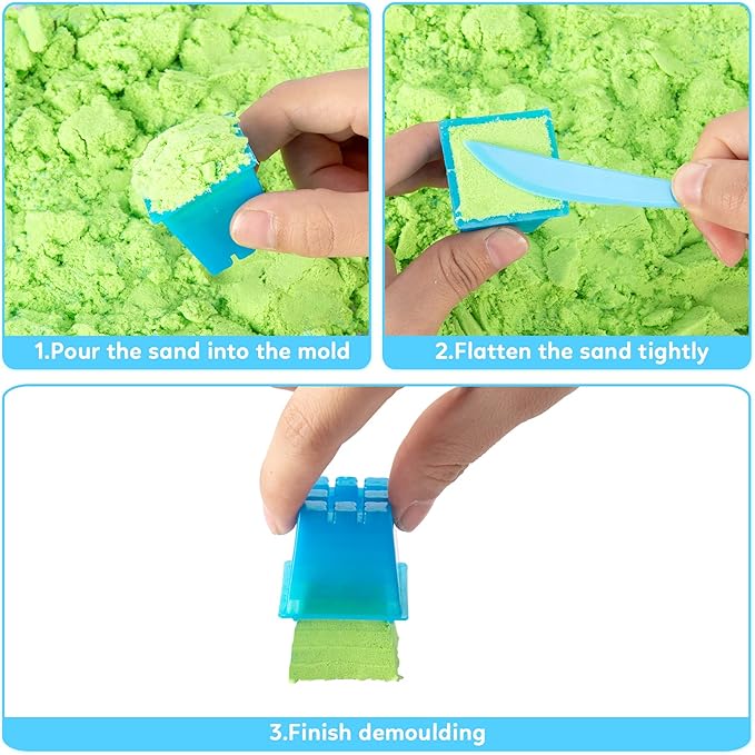 ThinkMax Sand Kit for Kids - 3lbs Sand, 6 Mini Construction Trucks, Toys, Signs, Castle Molds, Tools, Foldable Box and Storage Bin Tote - 43PCS Set for Boys Girls