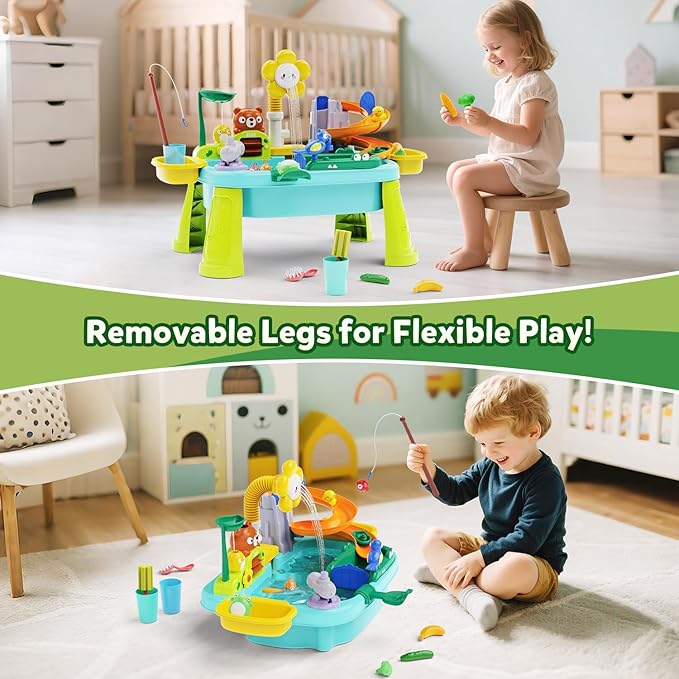 Water Table for Toddlers 1-3, Water Table for Kids Ages 4-8 with Pump, Sensory Tables with Play Vegetables, Tableware & Fishing Game, Outdoor Toy Summer Beach for Kids Boys Girls Age 3 4 5 6 7 8