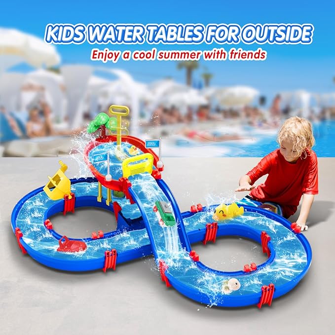 2-Tier Water Table Toys for Kids,61PCS Water Park Playset with Pump,Summer Water Toys Waterways for Backyard Beach Pool Lawn,Outdoor Toy for Toddlers 3-5 4-8, Gifts for Boys Girls
