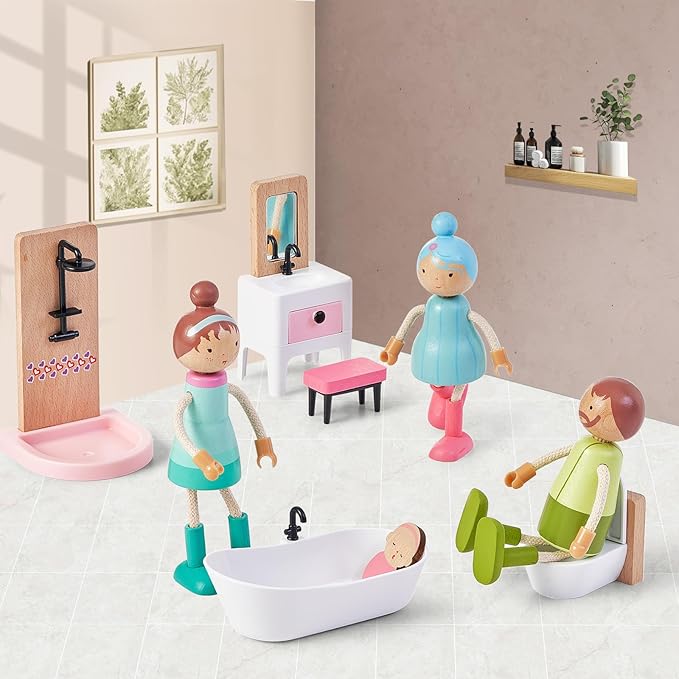 Giant bean 36pcs Wooden Dollhouse Furniture Set with Dolls for 5 Rooms, Wood & Plastic Pink Dollhouse Accessories Pretend Play Furniture Toy Christmas Birthday Gift Toy for Kids Boys Girls Toddler 3+