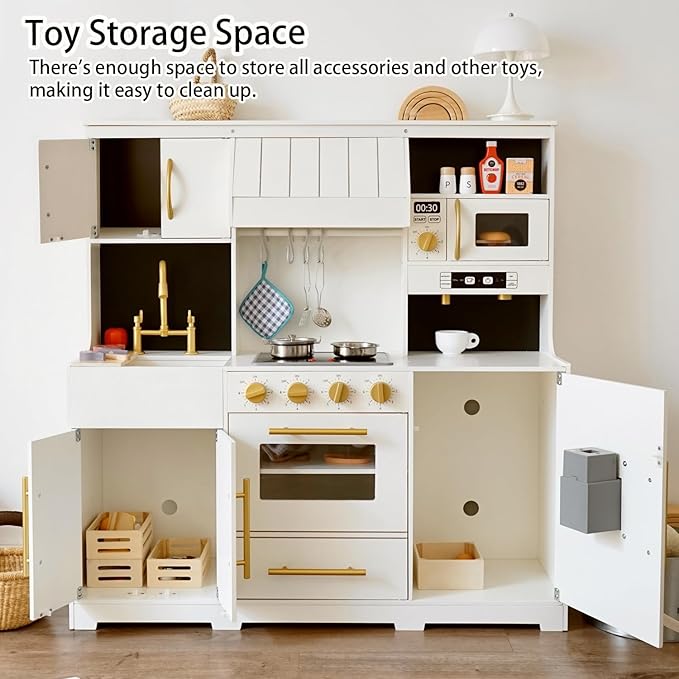 Wooden Play Kitchen for Kids with Various Interactive Kids Kitchen Toy Features and 19 Fun Toddler Kitchen Accessories, Toy Kitchen Playset for 3+ Boys and Girls