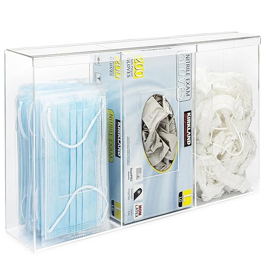 Medical Glove Holder Wall Mount Triple Hygiene Dispenser Station with Lid - Triple Transparent Acrylic - Acrylic Face Mask & Wipes Dispenser - All-Purpose Organizer