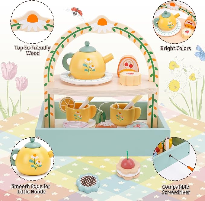 Wooden Tea Party Set for Little Girls, Tea Set Toddler Girl Toys, Pretend Play Tea Sets for Toddlers 3-5, Wooden Toys with Cupcake Stand & Play Kitchen Accessories for 3 4 5 6 Years Old Gifts