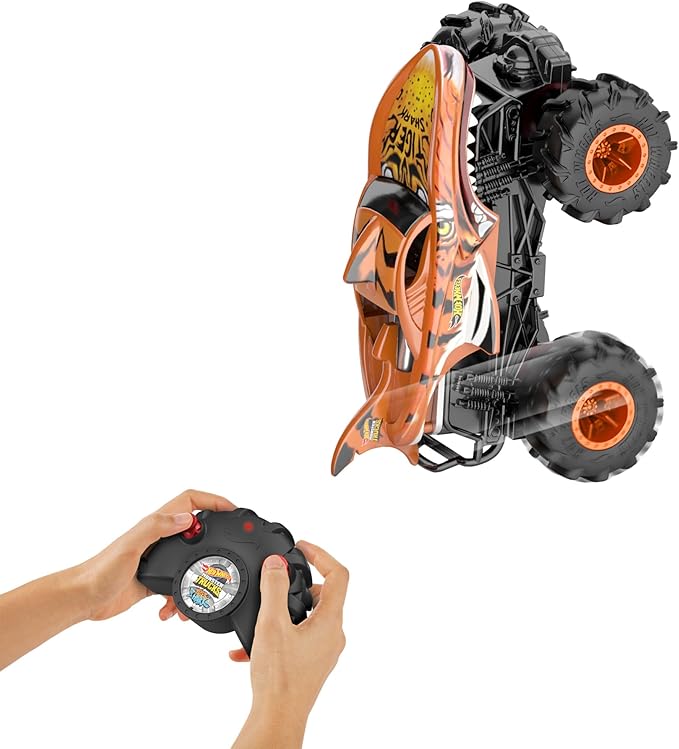 Hot Wheels Monster Trucks RC, 1:24 Scale Tiger Shark Vehicle, Oversized Remote-Control Toy Truck with Terrain Action Tires