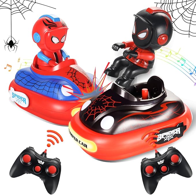 Spider Remote Control Bumper Car Set of 2, Mini RC Car with Light & Sound Effect 360° Rotating Spider Figures Bump and Eject Toy Cars for Kids Boys Girls 3-4 4-6 5-7 8-13