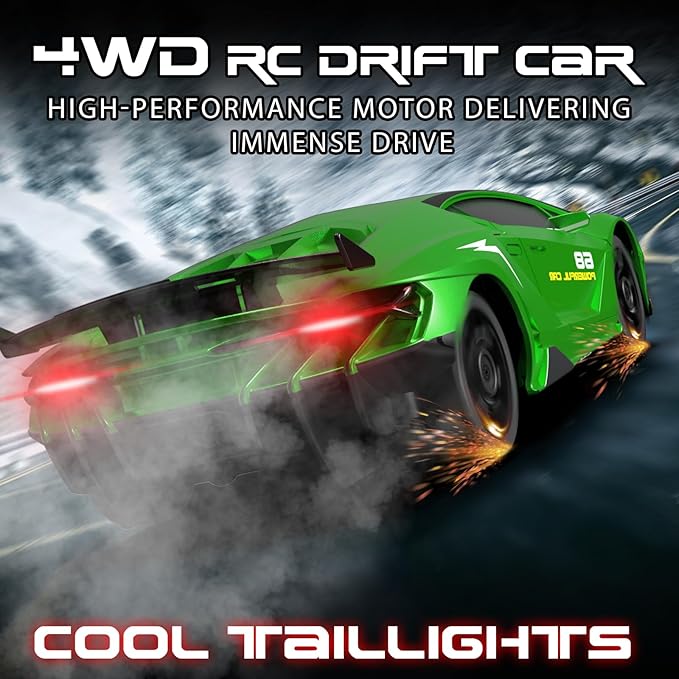 Remote Control Car, 1/24 Scale RC Drift Car, 4WD 15KM/H High Speed RC Cars, Racing Sport Toy Car with LED Lights, Racing Tire, Birthday for Kids Boys Girls, Rechargeable Battery