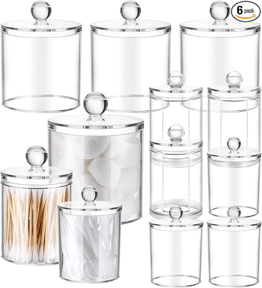 Meanplan 6 Pack Acrylic Holder Dispenser Plastic Apothecary Jars with Lids for Cotton Ball, 10/22/39 oz Clear Plastic Storage Jars Floss Holder Container for Cotton Swab Bathroom, 3 Sizes