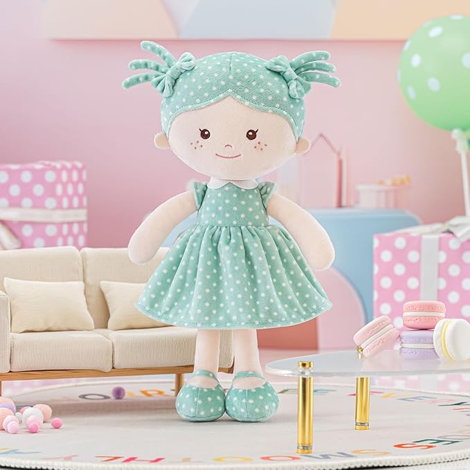 Onetoo Plush Rag Doll My First Baby Doll Soft Baby Doll for Girls Sleeping Cuddle Buddy Doll Wear Green Dress White Polka Dot 14"（Milly Series）