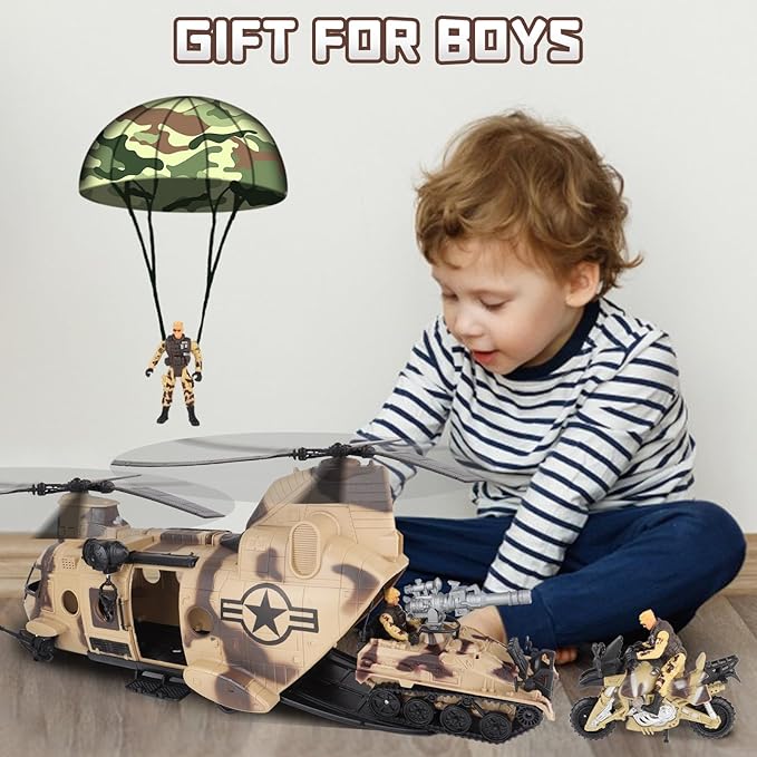 deAO Military Helicopter Toys Set Army Men Playset, Army Toys with Soldier Action Figures, Combat Truck, Motorcycle, Army Tank, Aircraft with Lights&Sound, Christmas Birthday Gifts for Kids Boys