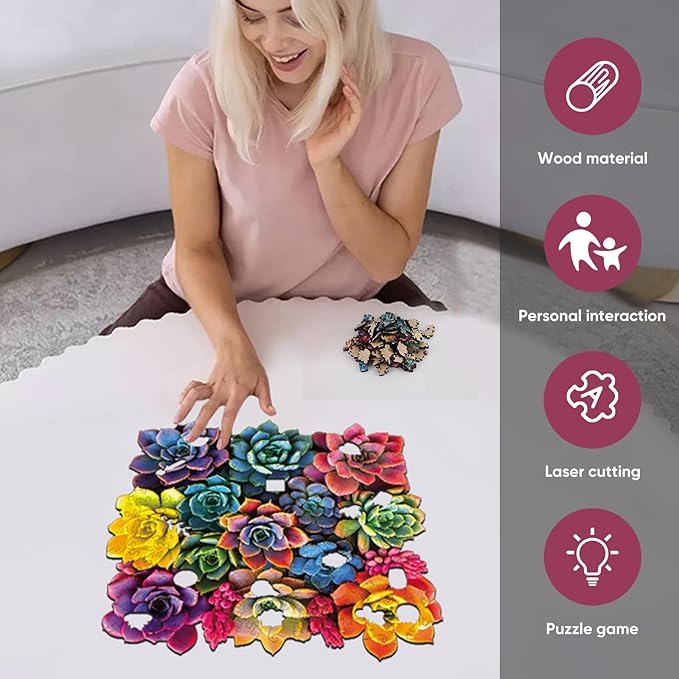 Puzzles for Adults 500 Pieces, Square Succulent Wooden Puzzles, 5MM Thick Unique Shaped Flower Jigsaw Puzzles Birthday Gifts for Kids Family Game 16.5 * 16.5inch