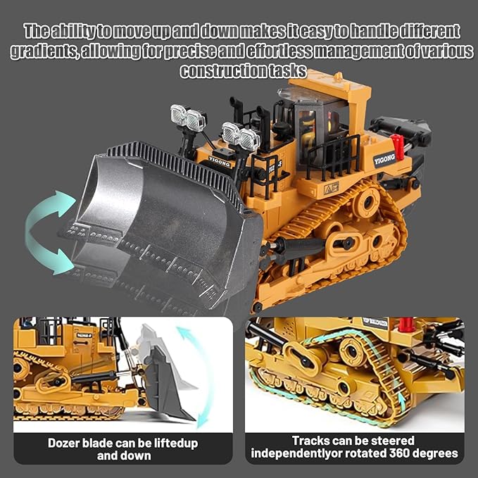 9 Channel 2.4GHz Remote Control Bulldozer, High Performance Simulation Construction Vehicle with Realistic Lights and Sounds, Ideal Gift for Kids Aged 6+ (Bulldozer)