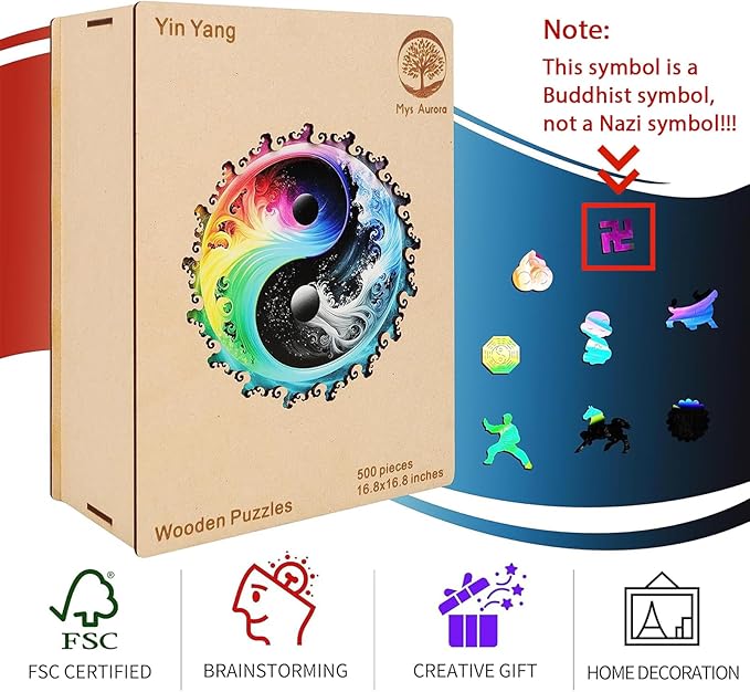Unique Wooden Jigsaw Puzzles - Yin Yang Mandala, 500 Pcs King Size 16.8" x 16.8", Original Mandala Wood Puzzle, Beautiful Package, Best Gift for Adults