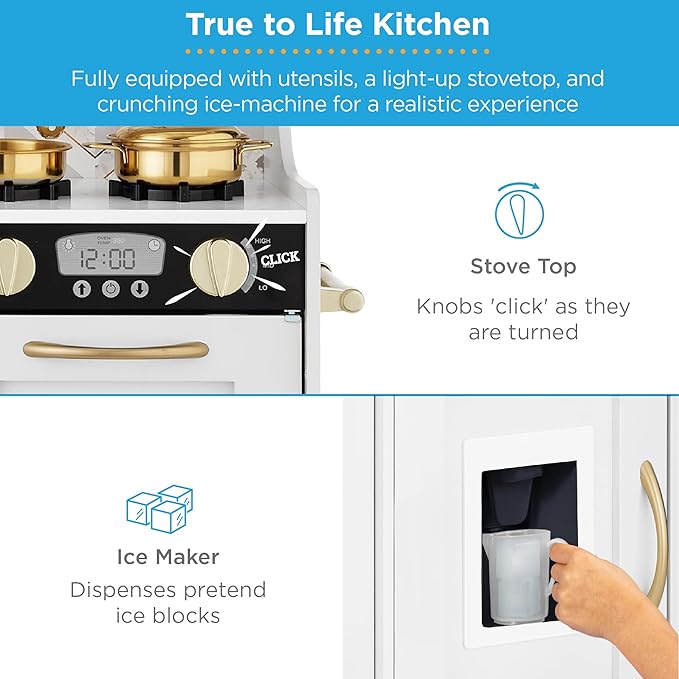 Best Choice Products Pretend Play Kitchen Wooden Toy Set for Kids w/Realistic Design, Telephone, Utensils, Oven, Microwave, Sink - White Bevel