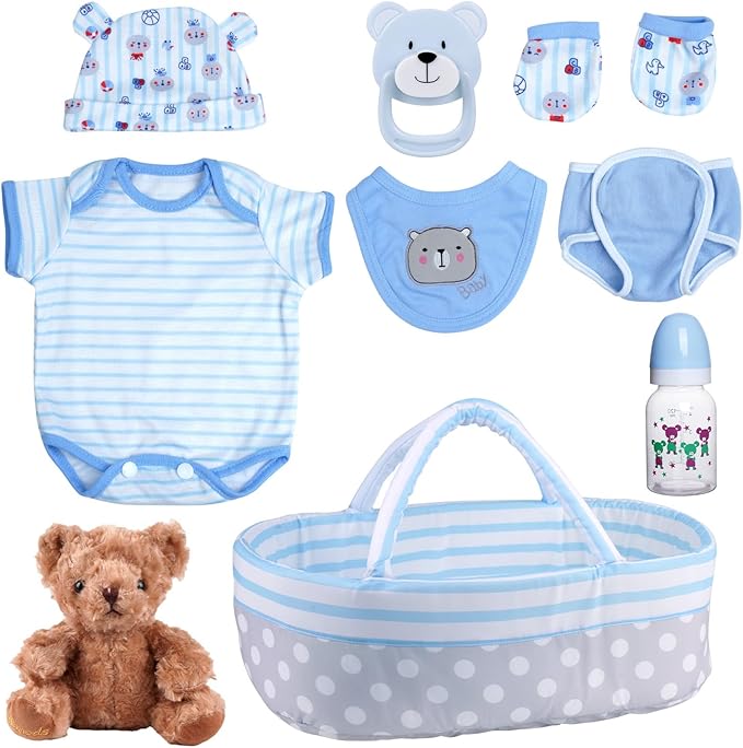 BABESIDE 9 Pcs Reborn Baby Doll Clothes with Bassinet for 17-22 Inch Dolls, Baby Dolls Clothes Outfit Accessories for Baby Doll Boy (Blue)