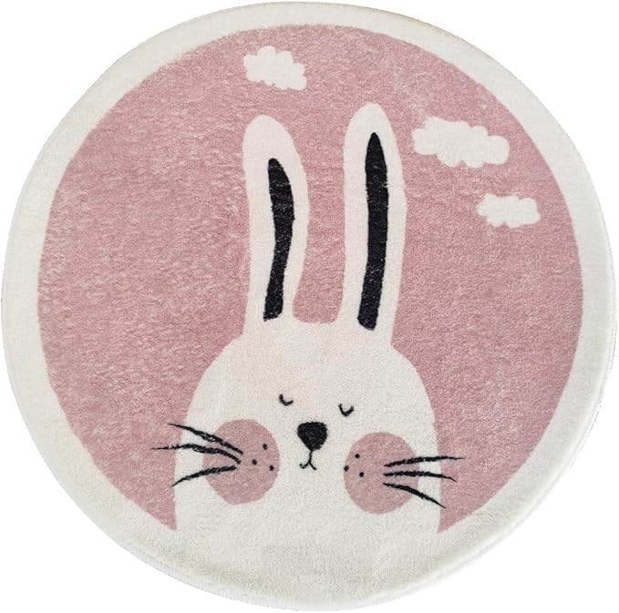 Poowe Pink Rabbit Soft Plush Round Rug - 3.3 ft Alphabet Non Slip Nursery Bedroom Playroom Washable Circle Rug for Kids Baby Toddlers