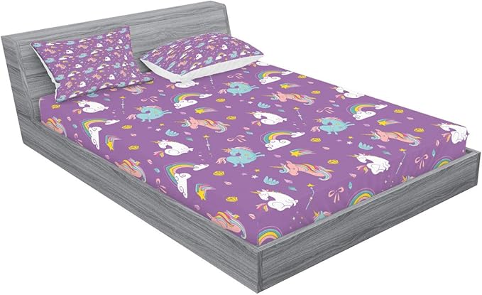 Ambesonne Magic Fitted Sheet & Pillow Sham Set, Unicorn and Rainbow Diamond Wand Pattern Girl Creature Print, Decorative Printed 2 Piece Bedding Decor Set, Calking, Violet
