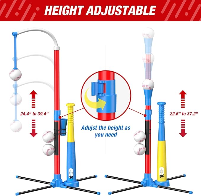 QDRAGON 4 in 1 Tball Set for Toddlers 3-5 with Toss and Catch Ball Set/ 2 Bats, Hanging Tee Ball Stand with Auto Pitching Machine, Indoor Outdoor Sport Toys Christmas Birthday Gifts for Boys Girls