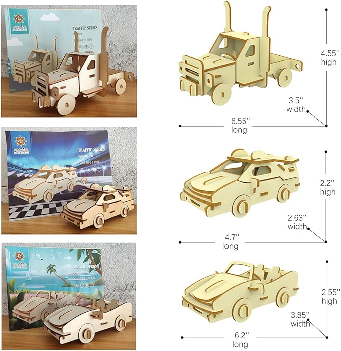 3D Wooden Puzzle - 6 Piece Set Wooden Car Brain Teaser Puzzle - DIY Assembly Car Building Model Kits - Wood STEM Toys Gifts for Kids and Adults Teens Boys Girls