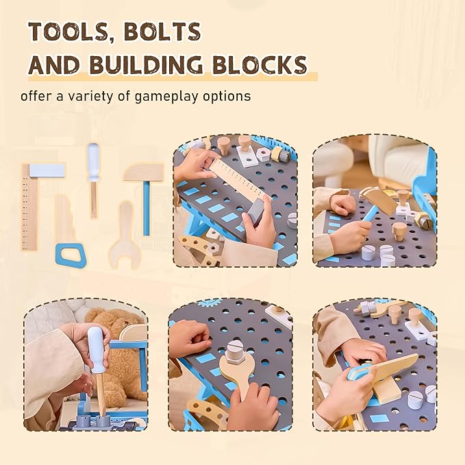 Kids Tool Bench with Sturdy Wood, Toddler Workbench with Realistic Toy Construction Set, Toy Tools Set and Multiple Ceative Pieces for 3-6 Year Old Boys and Girls, Dark Blue