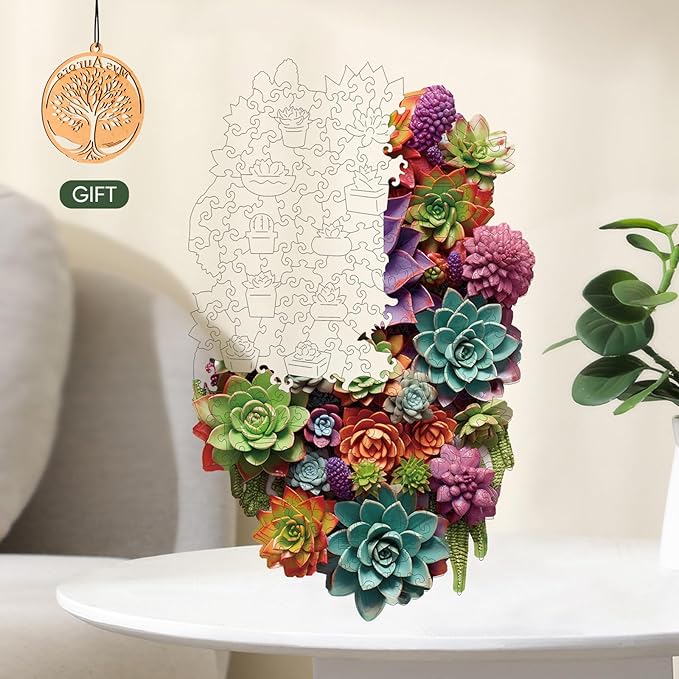 Succulent Waterfall Wooden Puzzles, 500 Pieces Jigsaw Puzzles 20.5'' x12.6'', Unique Design Liberty Wooden Puzzles for Adults and Kids, Family Game Gift Royal Size