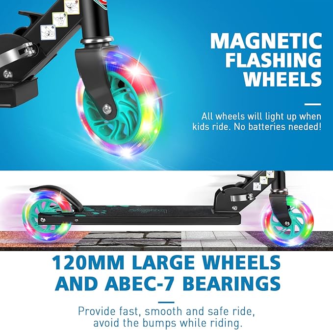 BELEEV V1 Scooters for Kids, 2 Wheel Folding Kick Scooter for Girls Boys, 3 Adjustable Height, Light Up Wheels, Lightweight Scooter with Sturdy Frame, Kickstand for Children 3 to 12 Years Old